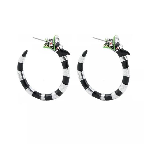 Beetlejuice sand worm hoop earrings, black silver and green, New - Picture 1 of 3